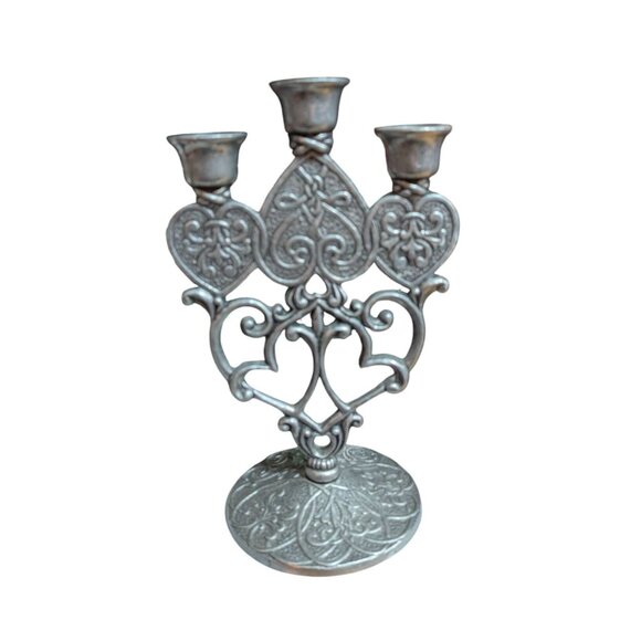 Forevermore Pewter 3-Arm Candle Holder w/ Romantic Heart Design & Celtic Knot - Picture 2 of 5